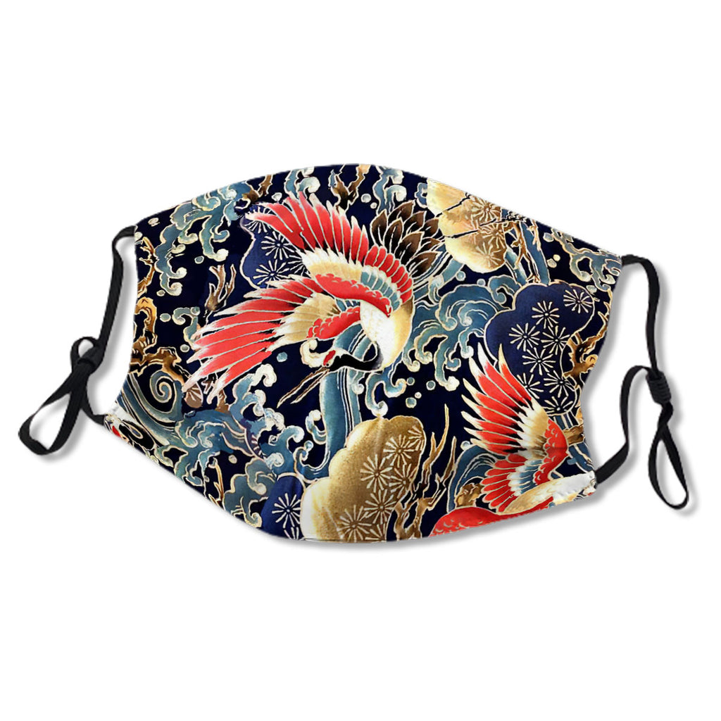 FLYING CRANES ,FLOWERS, SEA WAVES RED NAVY BLUE FLORAL No.58LN68