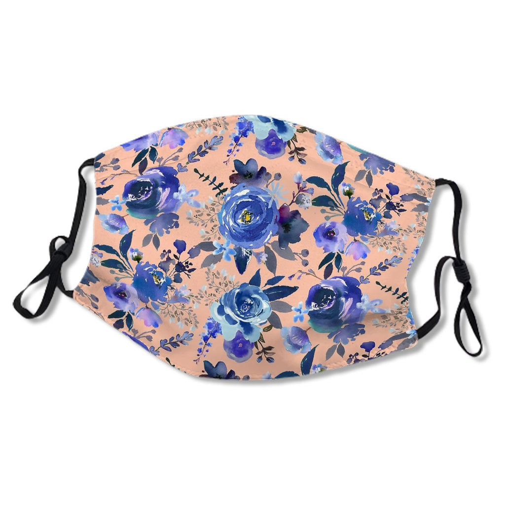 Classic Blue Watercolor Floral on Peachy Background Mask No.6O37GE