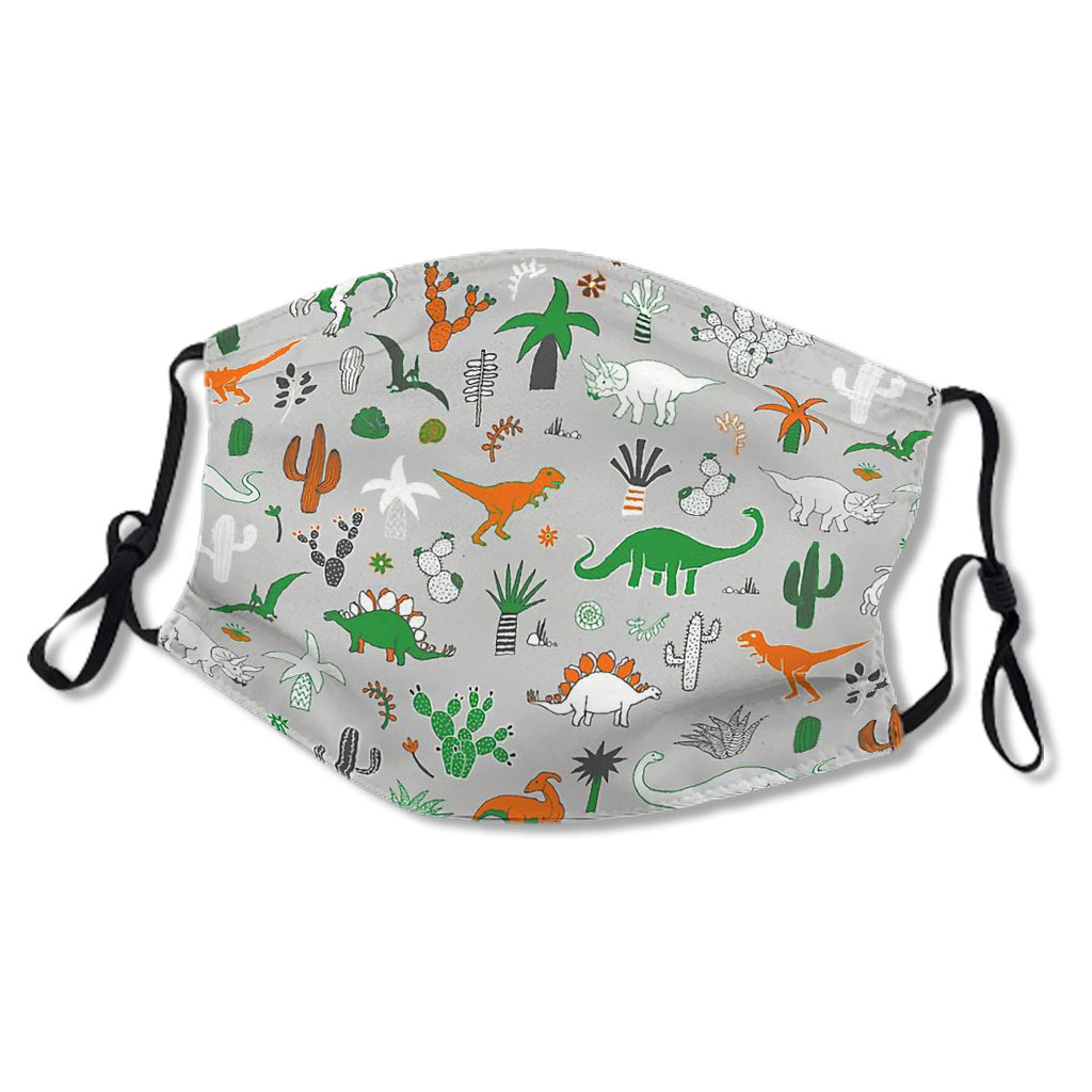 Dinosaur Desert - green and orange on grey - fun pattern by Cecca Designs Mask No.76IOM5