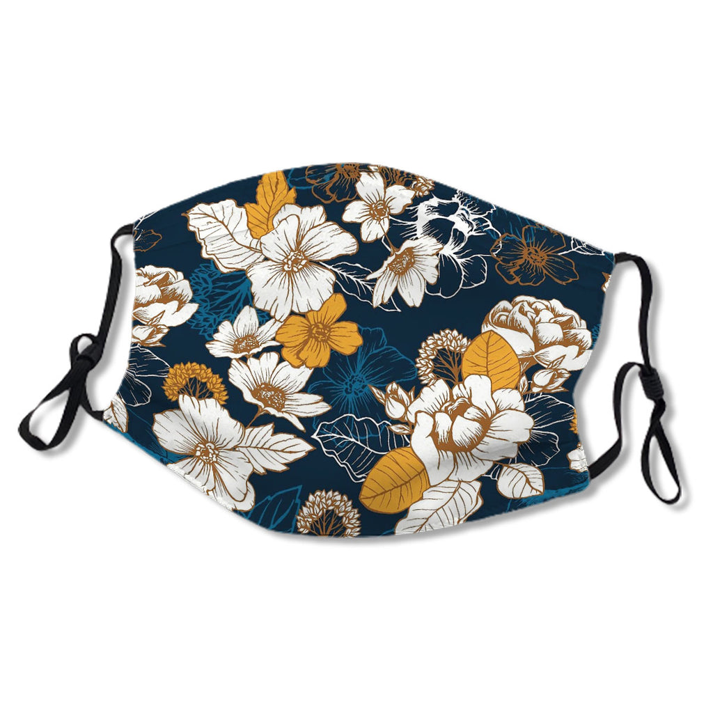 Navy and Gold Peony and Blossom Seamless Pattern Mask No.79QLVO