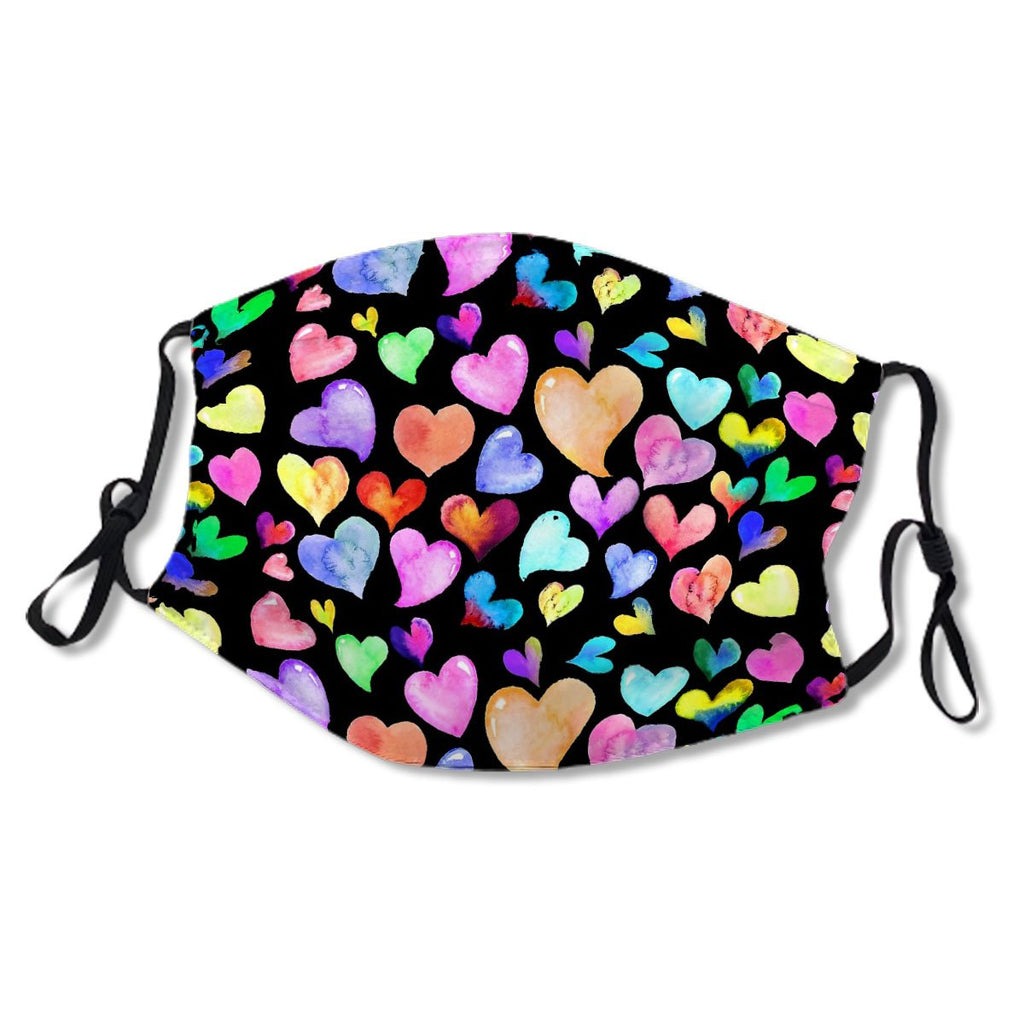Colorful rainbow watercolor hearts on black Mask No.88MWRL