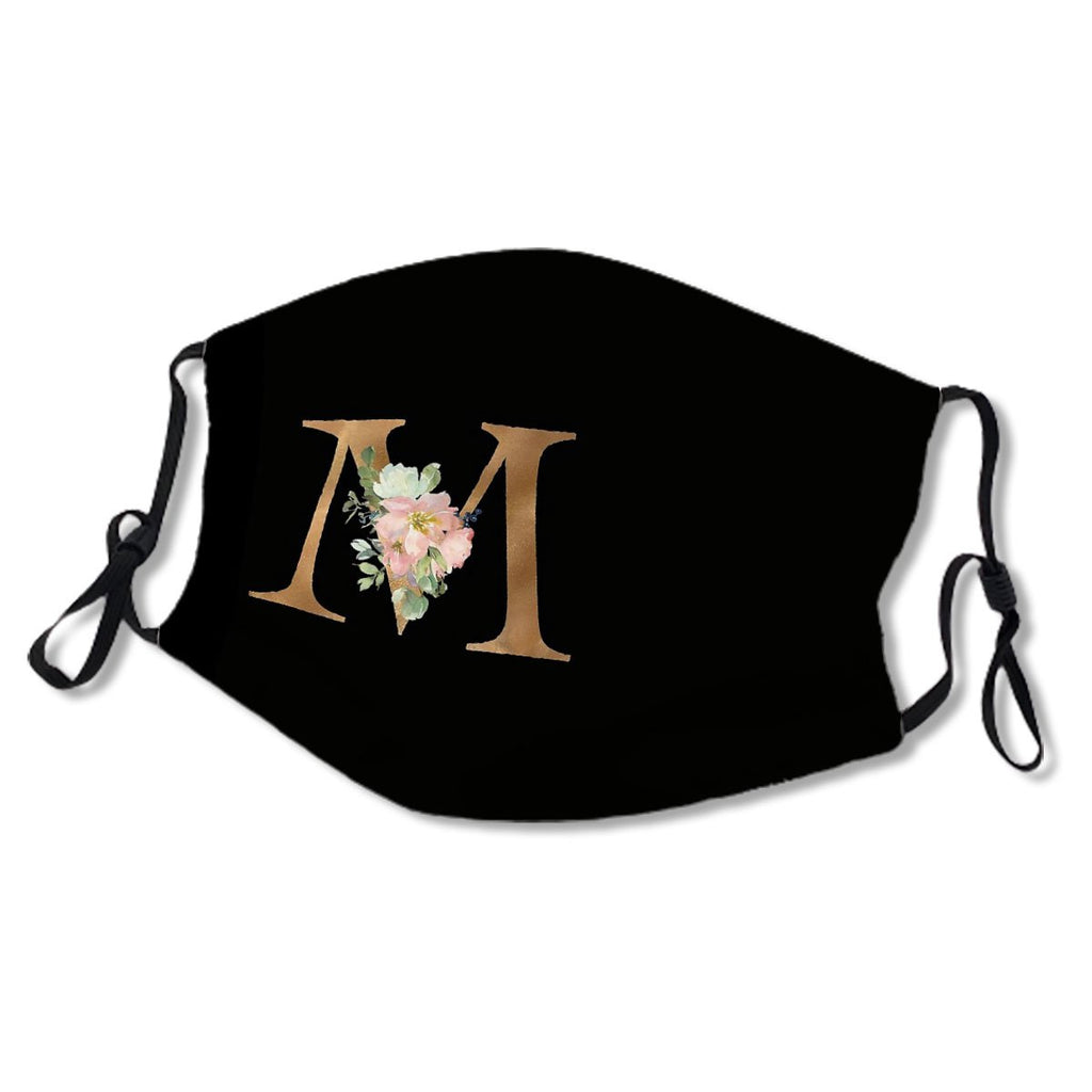 Letter M Gold Glitter Floral Monogram Initials For Women And Girls Mask No.8WSG9F