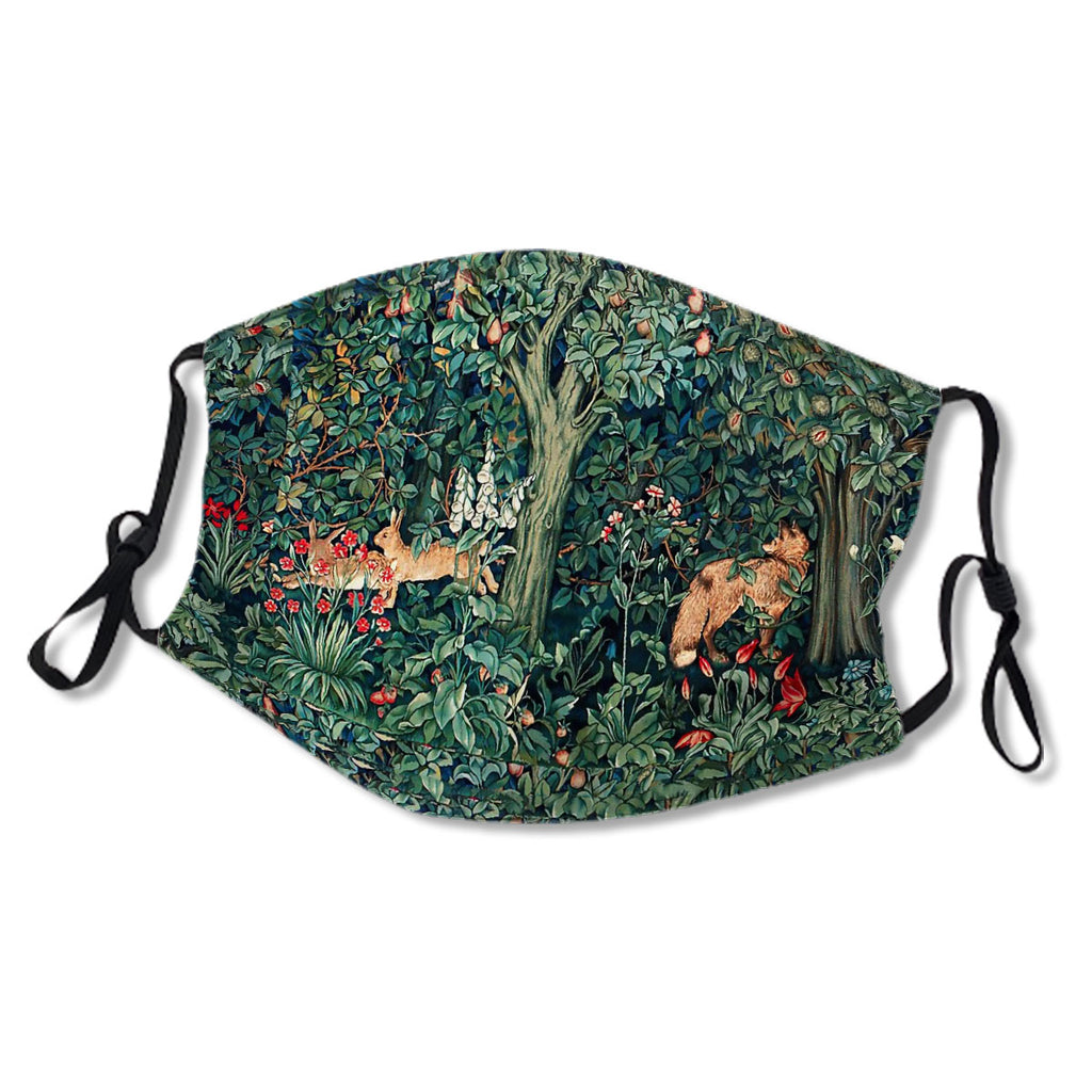 GREENERY, FOREST ANIMALS Fox and Hares Blue Green Floral Tapestry Mask No.MTZ2XZ