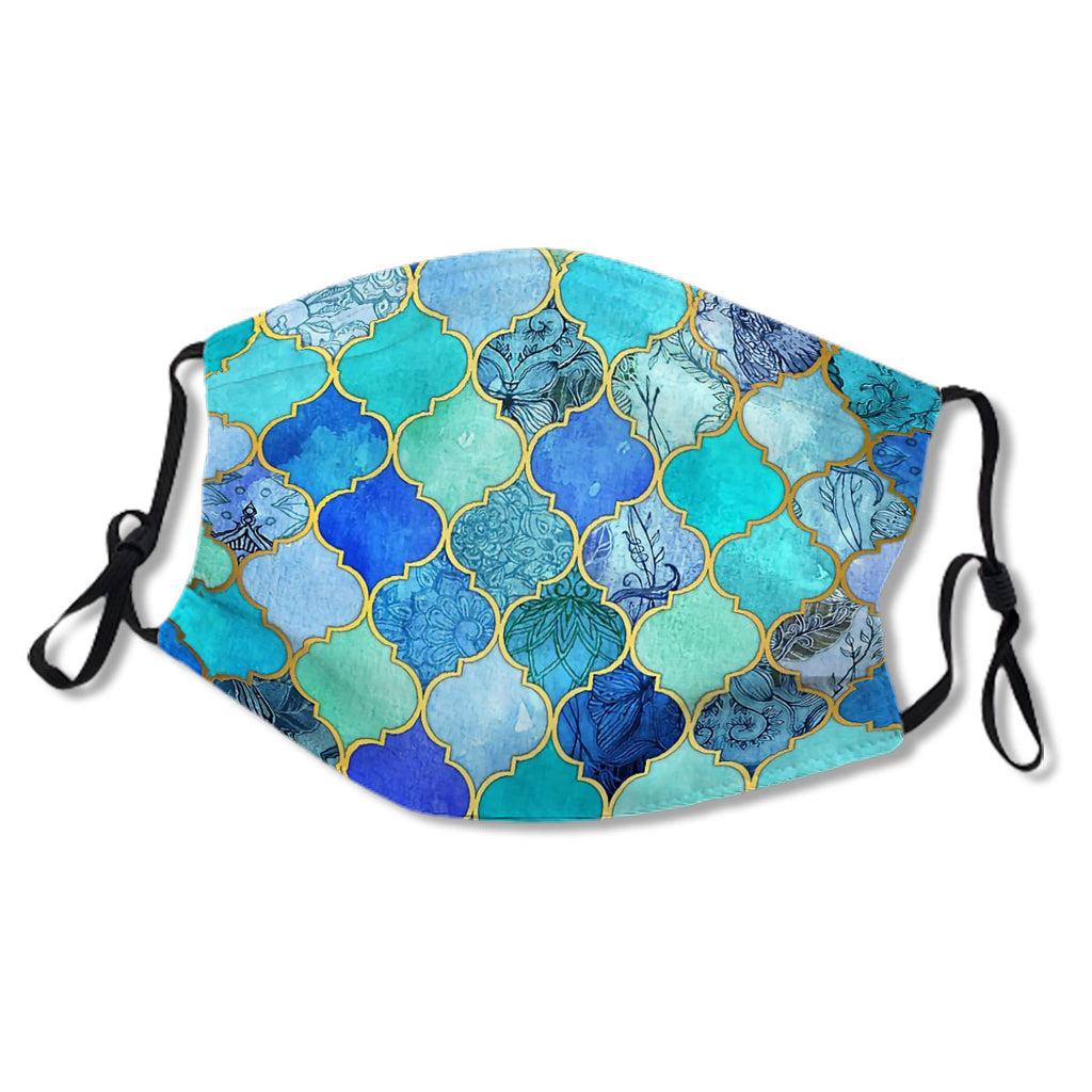 Cobalt Blue, Aqua & Gold Decorative Moroccan Tile Pattern Mask No.OJPS5Q