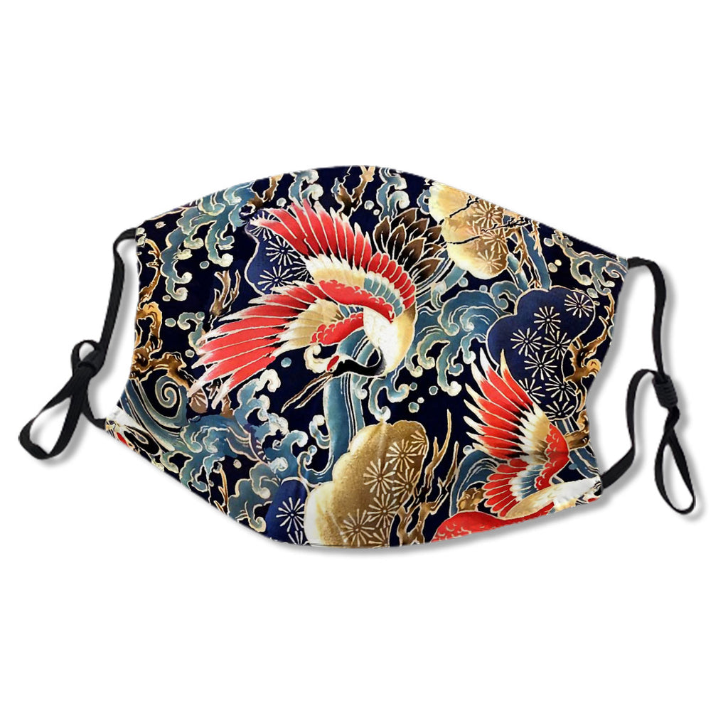 FLYING CRANES ,FLOWERS, SEA WAVES RED NAVY BLUE FLORAL No.REQ3DH