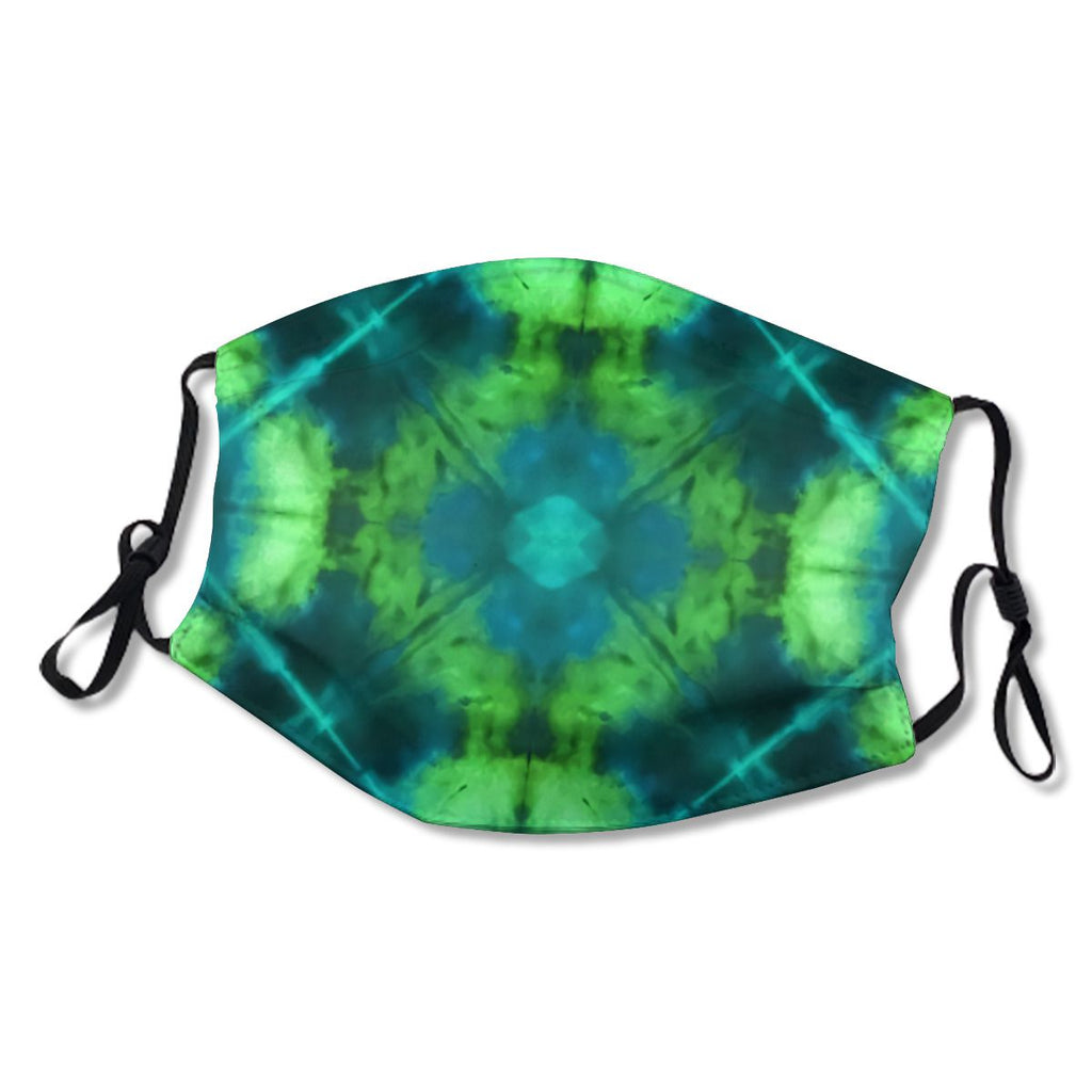 Circles and Flowers in Greens &amp; Aquas Tie Dye Kaleidoscope Repeat Pattern Mask NO.U8CVAV