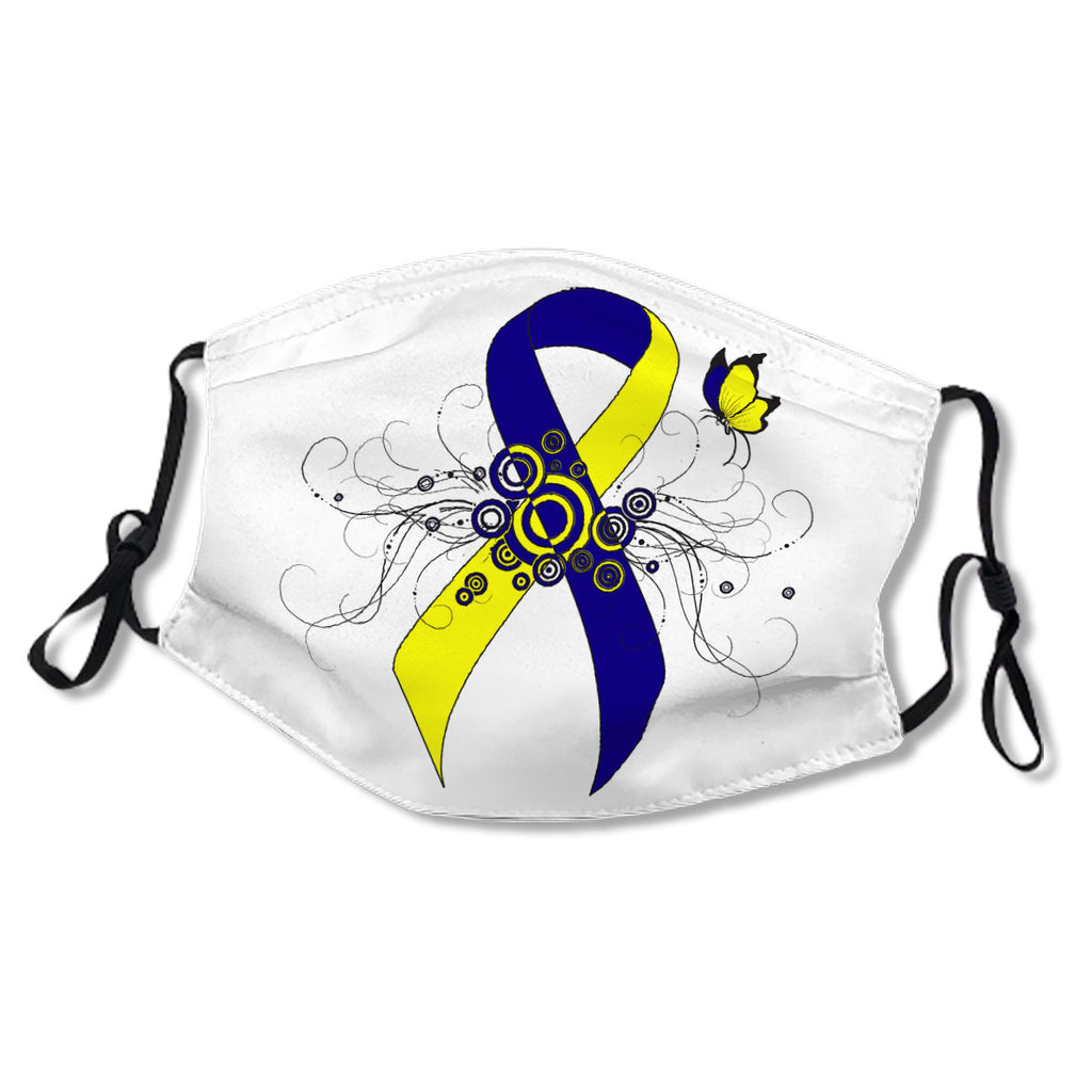 Blue and Yellow Awareness Ribbon with Butterfly White Cotton NO. UXFXRD