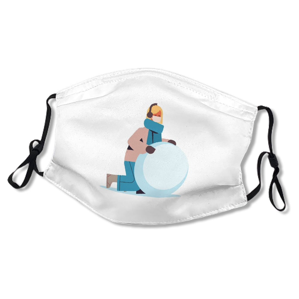 Woman In Mask Making Big Snowball For Snowman Girl No.ZSLM5J